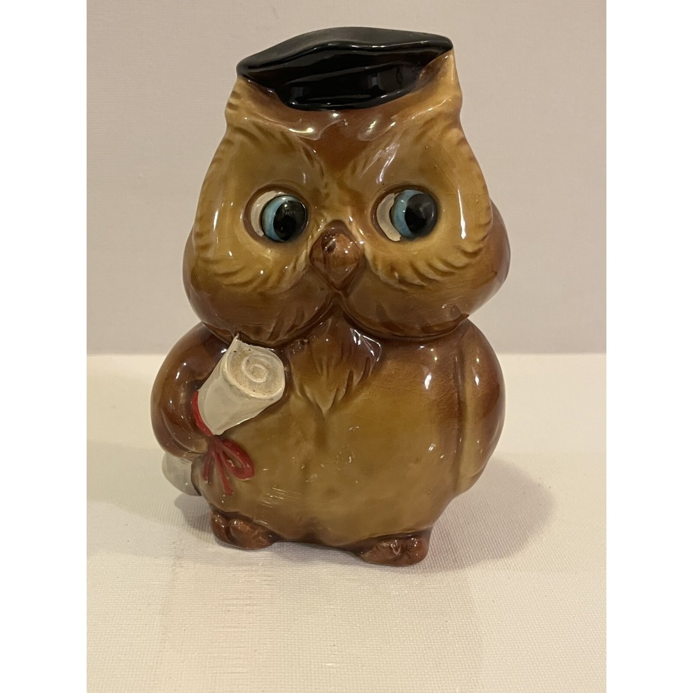 Vintage Lefton Ceramic Brown 6"‎ Graduation Owl Bird Figurine Piggy Bank